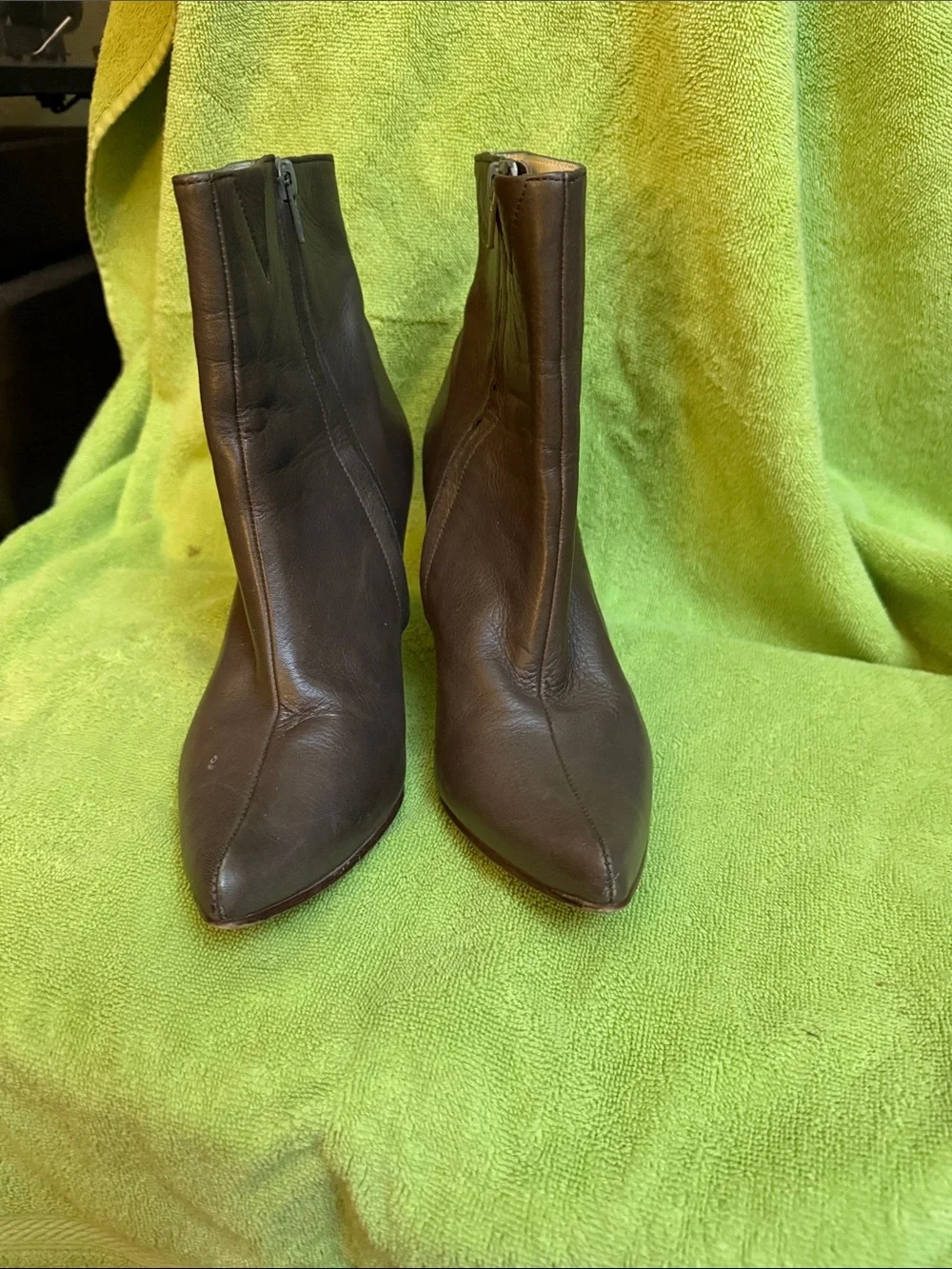 John Fluevog Dark Brown Pointed Toe Leather Ankle Boots
